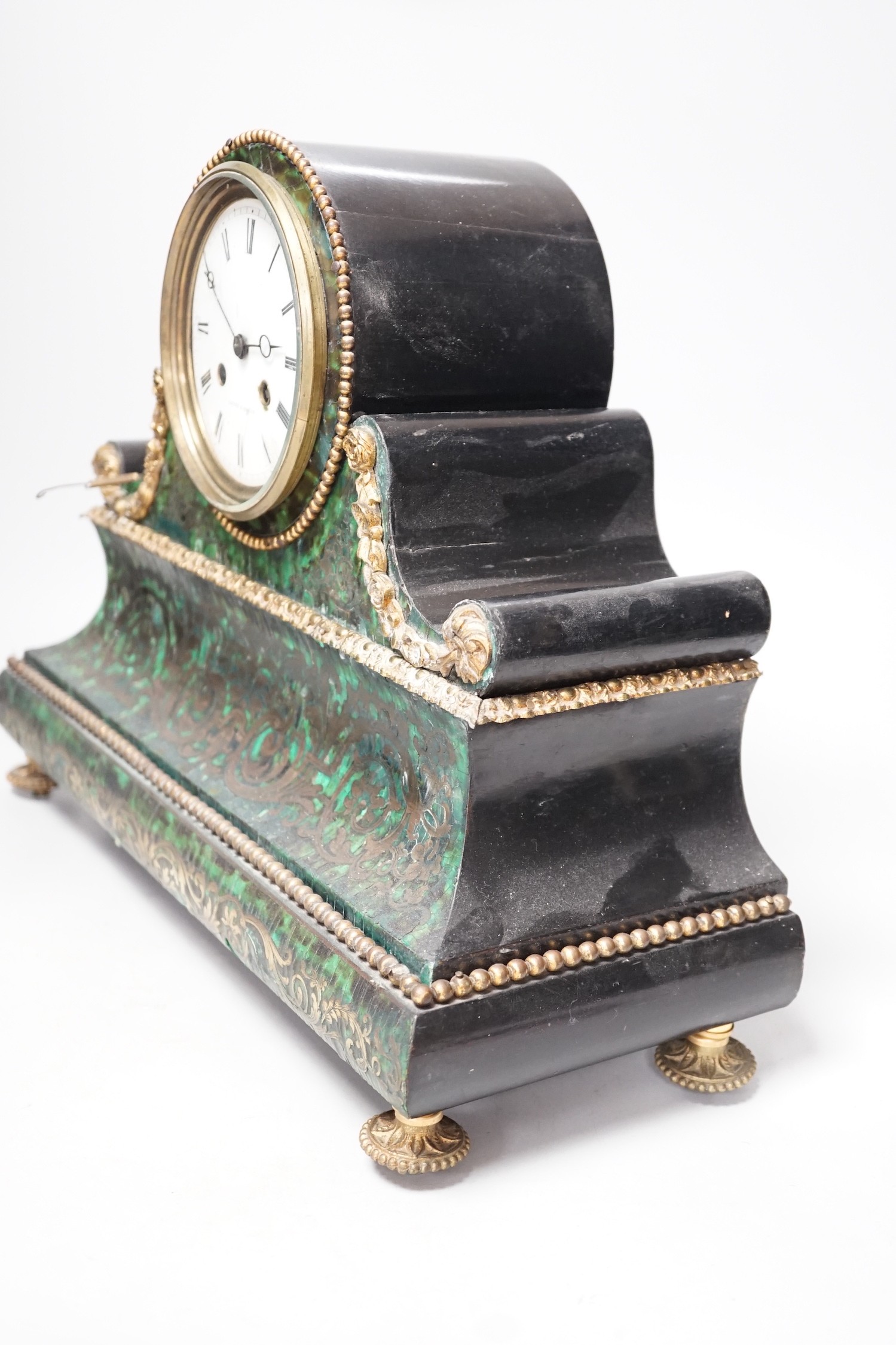 A 19th century French green Boulle work mantel clock. 41cm wide